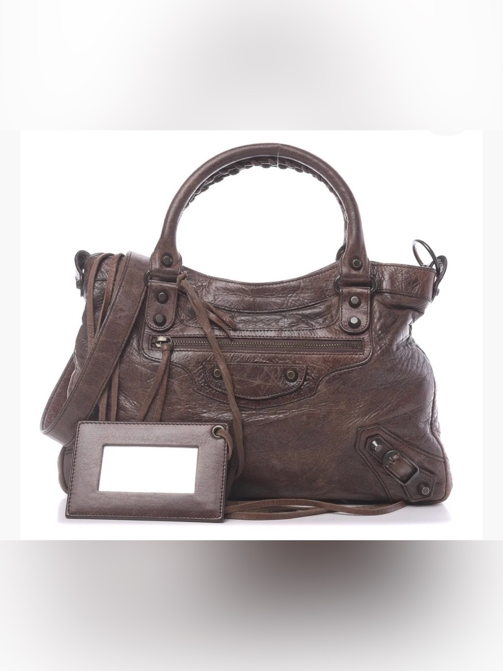 Authentic Balenciaga Town Bag Brown Distressed Lambskin Moto Satchel in Castagna